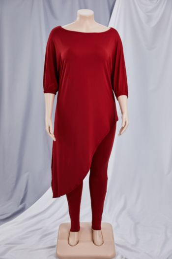 L-5XL early autumn new solid color stretch boat-neck loose irregular top with slim pants stylish casual two-piece set