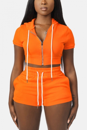 xs-xl summer new solid color orange stretch hooded zip-up tie-waist pockets casual two-piece set