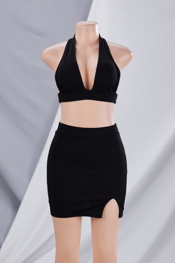 Summer new stylish solid color stretch deep-v-neck halter-neck backless split sexy two-piece set