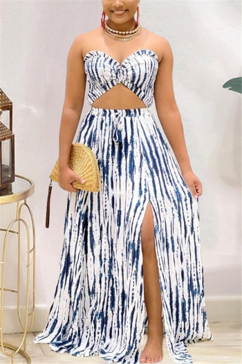 s-2xl summer new plus size tie-dye printing stretch smocked tube top with high-slit maxi skirt stylish two-piece set (tube top wearable front and back)