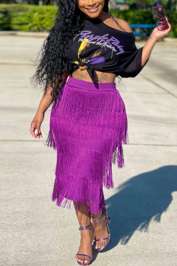s-2xl summer new plus size four colors fixed printing stretch knotted t-shirt with tassel midi skirt stylish two-piece set
