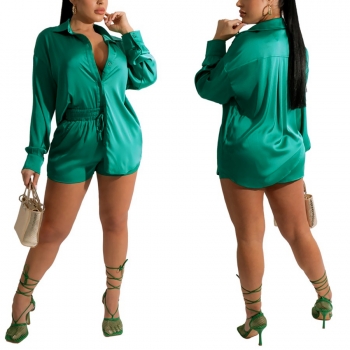 S-2XL spring & summer new plus size 4 colors solid color micro-elastic satin blouse with tie-waist pockets shorts stylish two-piece set
