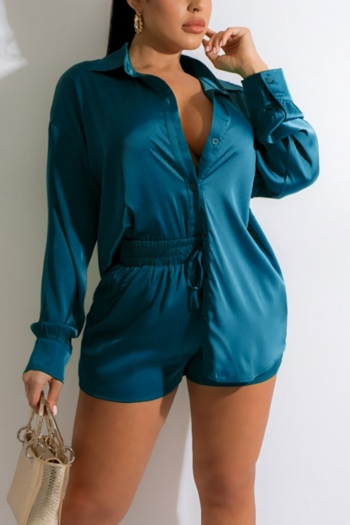 S-2XL spring & summer new plus size 4 colors solid color micro-elastic satin blouse with tie-waist pockets shorts stylish two-piece set