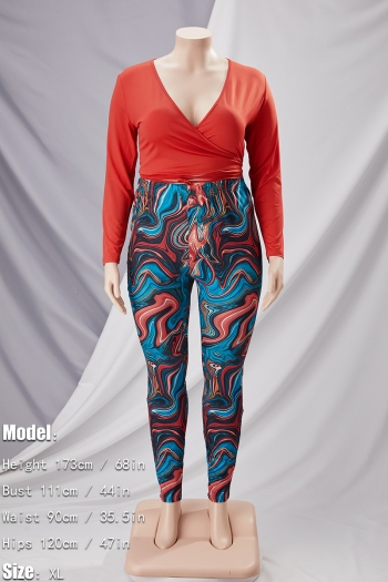 XL-5XL spring plus size swirl batch printing stretch deep v lace-up slim stylish pants sets