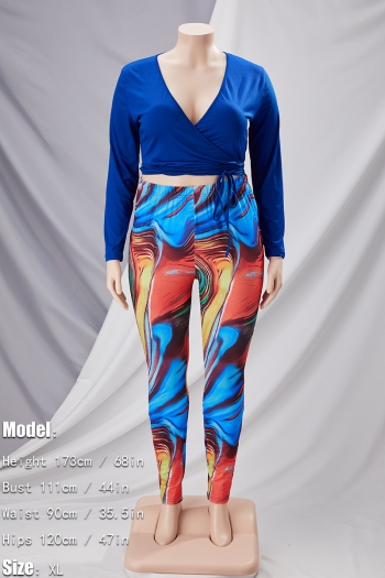 XL-5XL spring plus size batch printing stretch deep v lace-up slim stylish pants sets
