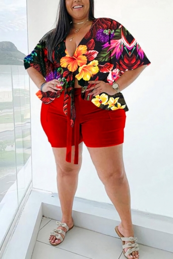 L-4XL summer new plus size 5 colors flower & leaf batch printing stretch deep v lace-up ruffle stylish tropical style shorts sets