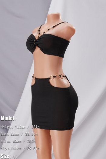 Summer new solid color stretch hollow metallic-ring connected sexy skirt sets
