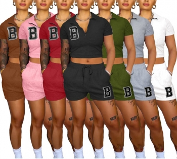 S-2XL plus size summer new 7 colors stretch letter fixed printing zip-up with tie-waist pocket stylish shorts sets