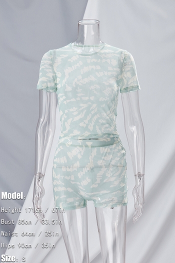 Summer new stylish irregular batch printing mesh crew neck short sleeve stretch slim sexy shorts sets