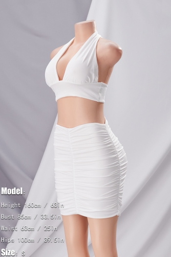 XS-L summer new stylish stretch solid color halter-neck lace-up backless shirring slim sexy skirt sets