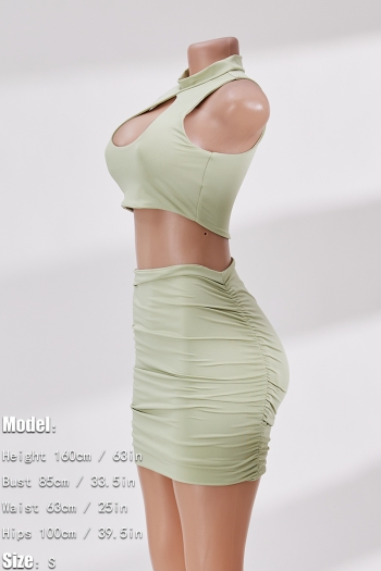 XS-L summer new stylish solid color stretch hollow sleeveless shirring slim sexy skirt sets
