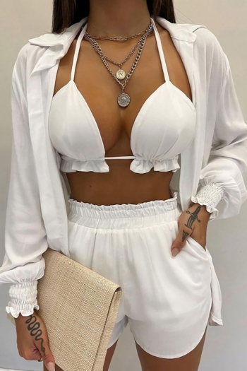 s-3xl plus size new 5 colors solid color micro-elastic long sleeve shirt & frill trim crop top with pocket design shorts three-piece sets