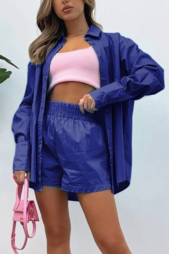 s-2xl spring & summer new plus size 6 colors solid color inelastic long-sleeve blouse with shorts stylish casual shorts sets (without vest)