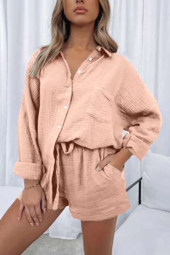 s-2xl spring & summer new plus size 5 colors solid color inelastic long-sleeve blouse with tie-waist pockets shorts stylish casual shorts sets