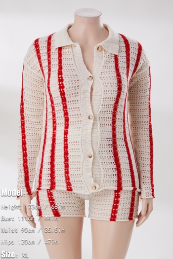 M-2XL plus size autumn new stylish four colors stripe printing lapel button long sleeve stretch casual shorts sets