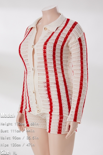 M-2XL plus size autumn new stylish four colors stripe printing lapel button long sleeve stretch casual shorts sets