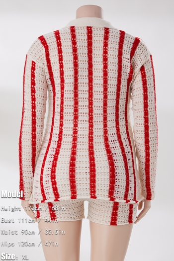 M-2XL plus size autumn new stylish four colors stripe printing lapel button long sleeve stretch casual shorts sets