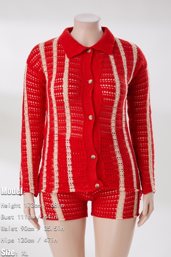 M-2XL plus size autumn new stylish four colors stripe printing lapel button long sleeve stretch casual shorts sets