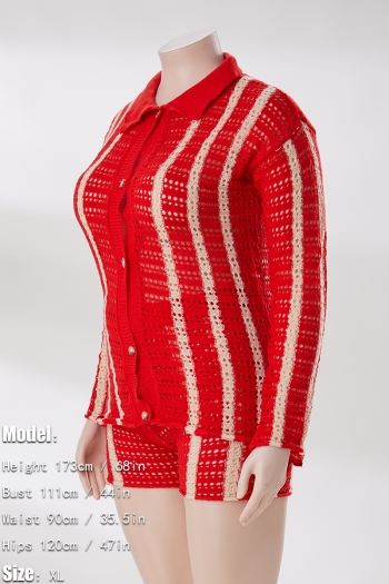 M-2XL plus size autumn new stylish four colors stripe printing lapel button long sleeve stretch casual shorts sets