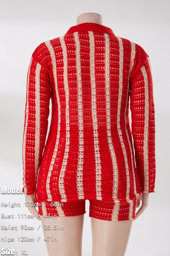 M-2XL plus size autumn new stylish four colors stripe printing lapel button long sleeve stretch casual shorts sets