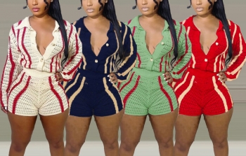 M-2XL plus size autumn new stylish four colors stripe printing lapel button long sleeve stretch casual shorts sets