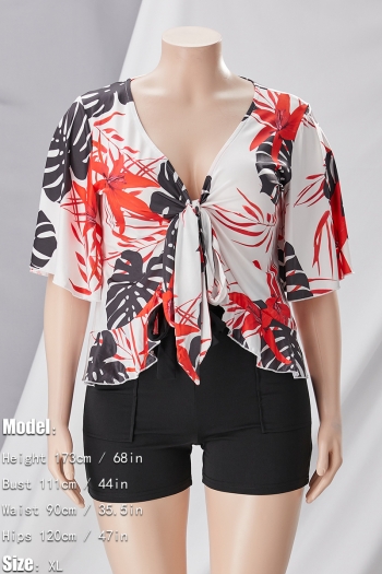 L-4XL plus size summer new 8 colors leaf printing patchwork stretch short sleeve deep-v-neck ruffle lace up slim stylish casual shorts set
