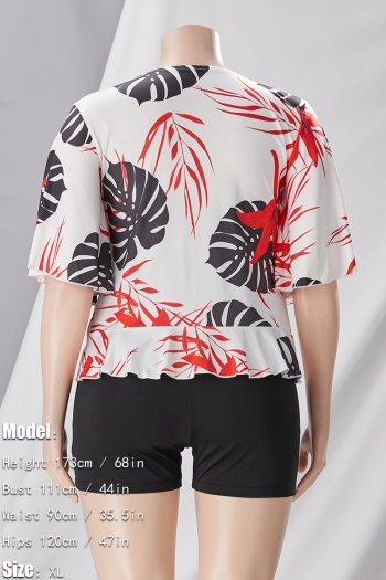 L-4XL plus size summer new 8 colors leaf printing patchwork stretch short sleeve deep-v-neck ruffle lace up slim stylish casual shorts set