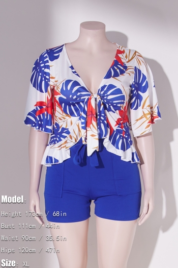 L-4XL plus size summer new 8 colors leaf printing patchwork stretch short sleeve deep-v-neck ruffle lace up slim stylish casual shorts set