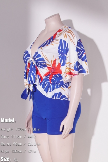 L-4XL plus size summer new 8 colors leaf printing patchwork stretch short sleeve deep-v-neck ruffle lace up slim stylish casual shorts set