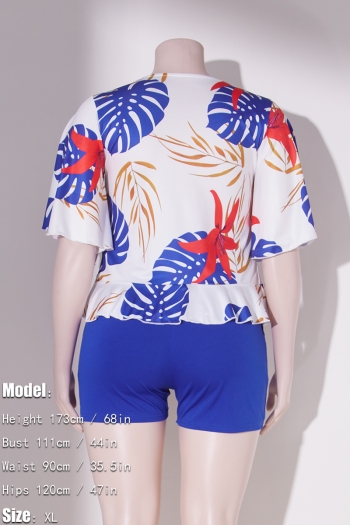 L-4XL plus size summer new 8 colors leaf printing patchwork stretch short sleeve deep-v-neck ruffle lace up slim stylish casual shorts set