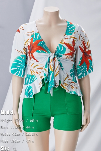 L-4XL plus size summer new 8 colors leaf printing patchwork stretch short sleeve deep-v-neck ruffle lace up slim stylish casual shorts set