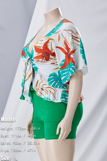 L-4XL plus size summer new 8 colors leaf printing patchwork stretch short sleeve deep-v-neck ruffle lace up slim stylish casual shorts set