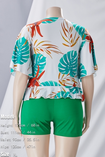 L-4XL plus size summer new 8 colors leaf printing patchwork stretch short sleeve deep-v-neck ruffle lace up slim stylish casual shorts set