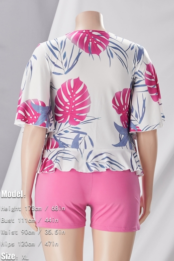 L-4XL plus size summer new 8 colors leaf printing patchwork stretch short sleeve deep-v-neck ruffle lace up slim stylish casual shorts set