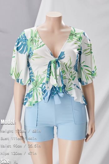 L-4XL plus size summer new 8 colors leaf printing patchwork stretch short sleeve deep-v-neck ruffle lace up slim stylish casual shorts set