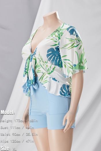 L-4XL plus size summer new 8 colors leaf printing patchwork stretch short sleeve deep-v-neck ruffle lace up slim stylish casual shorts set