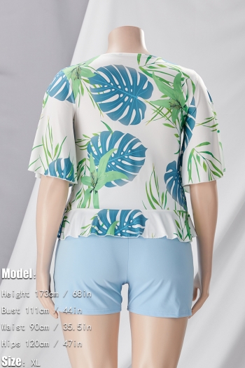 L-4XL plus size summer new 8 colors leaf printing patchwork stretch short sleeve deep-v-neck ruffle lace up slim stylish casual shorts set