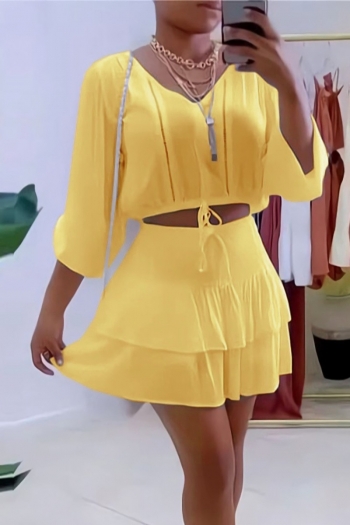 s-2xl plus size summer new 5 colors inelastic v-neck drawstring ruffle stylish skirt sets