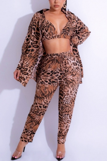 autumn new plus size tiger batch printing slight stretch crop top & slim pants with turndown collar single breasted outerwear stylish sexy three-piece set