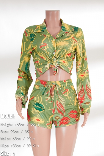 Autumn new plus size contrast color mouth geometric batch printing slight stretch turndown collar button lace up stylish sexy shorts set