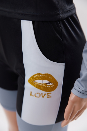 Stylish 4 colors plus size stretch lip & letter fixed print pocket shorts set