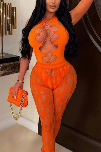 sexy plus size slight stretch crossed orange hollow bodysuit with mesh pants set
