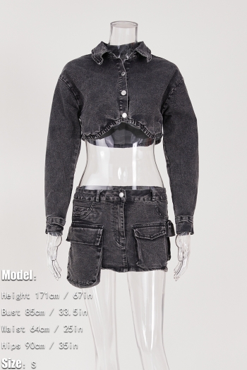 exquisite non-stretch button pocket zip-up denim mini skirt sets size run small