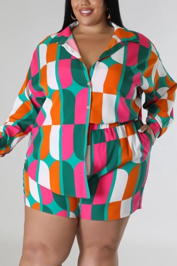 casual plus size non-stretch multicolor batch printing button shorts sets