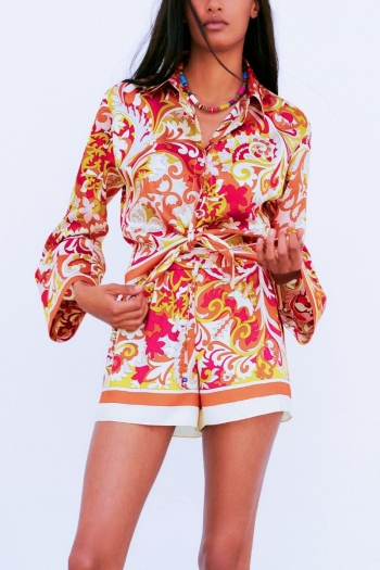 casual non-stretch batch printing lapel lace-up drawstring shorts sets