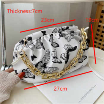 Butterfly printing metal chain pleating zip-up PU handbag