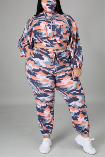 l-4xl autumn new camo printing stretch hooded face-cover tie-waist pockets casual stylish two-piece set