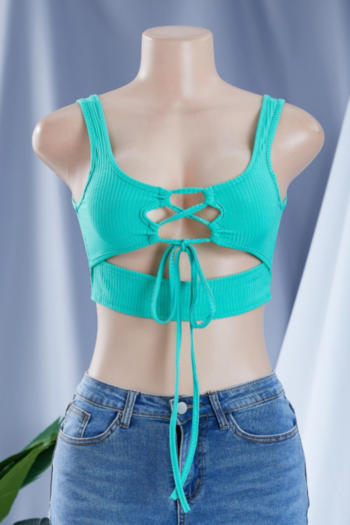 Summer new style solid color halter-neck lace up cutout elastic sexy top