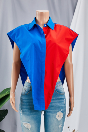 Summer new style contrast color single breasted  sleeveless irregular stretch shirt