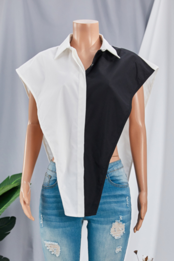 Summer new style contrast color single breasted  sleeveless irregular stretch shirt